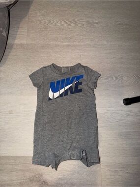 Nike Gray Short Sleeve Romper with Blue and White Logo